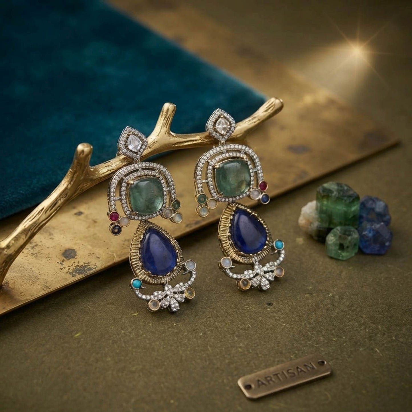 Blue Color American Diamond & Turkish Stone Earrings Crafted for Stylish Party Wear Look