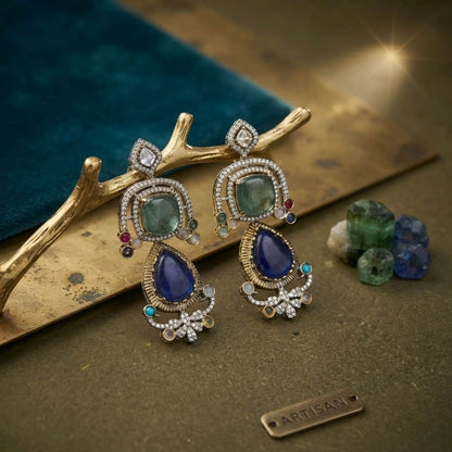Blue Color American Diamond & Turkish Stone Earrings Crafted for Stylish Party Wear Look