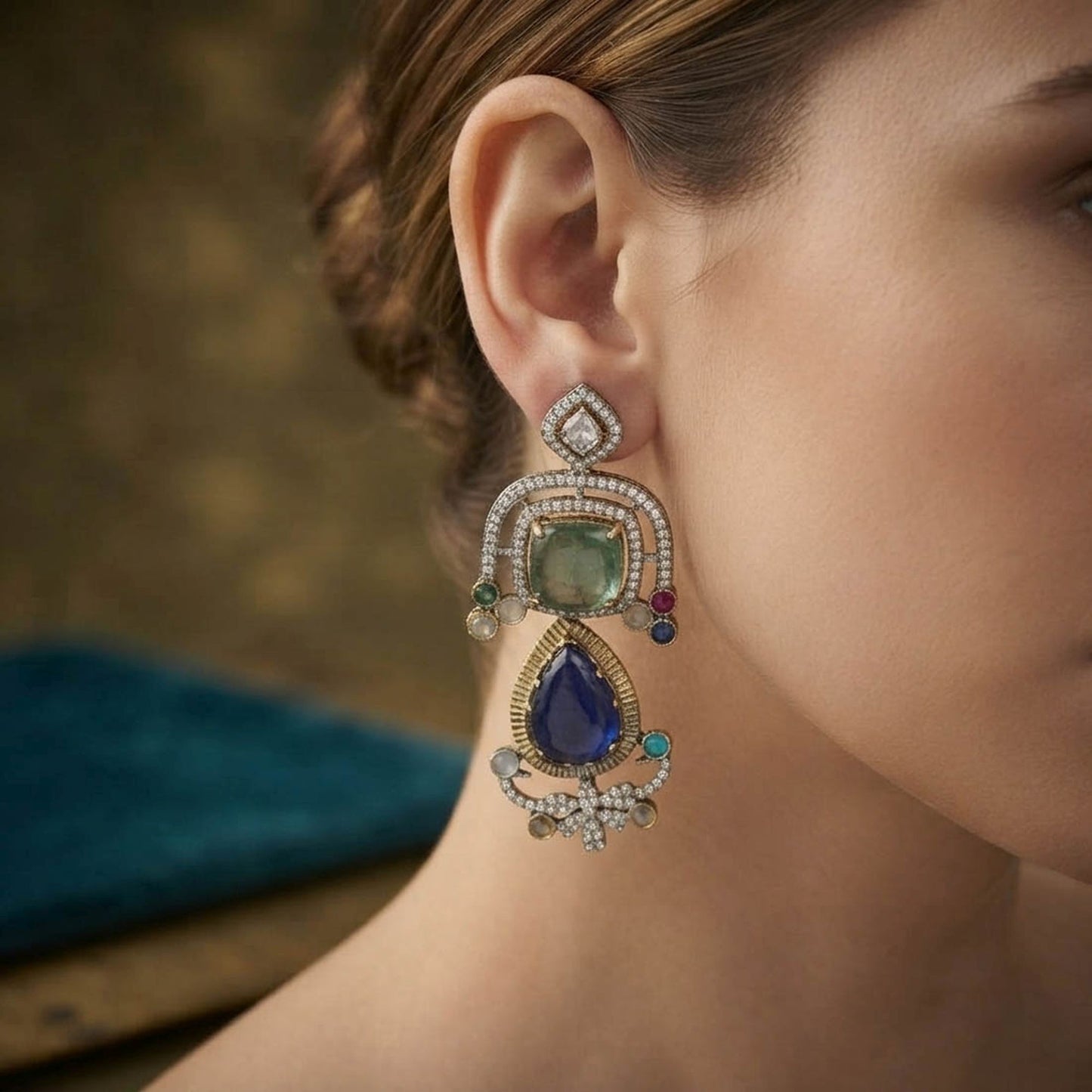Blue Color American Diamond & Turkish Stone Earrings Crafted for Stylish Party Wear Look