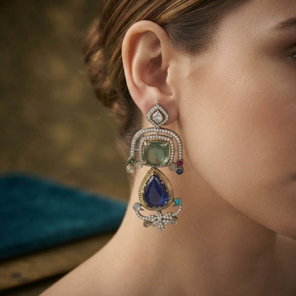 Blue Color American Diamond & Turkish Stone Earrings Crafted for Stylish Party Wear Look
