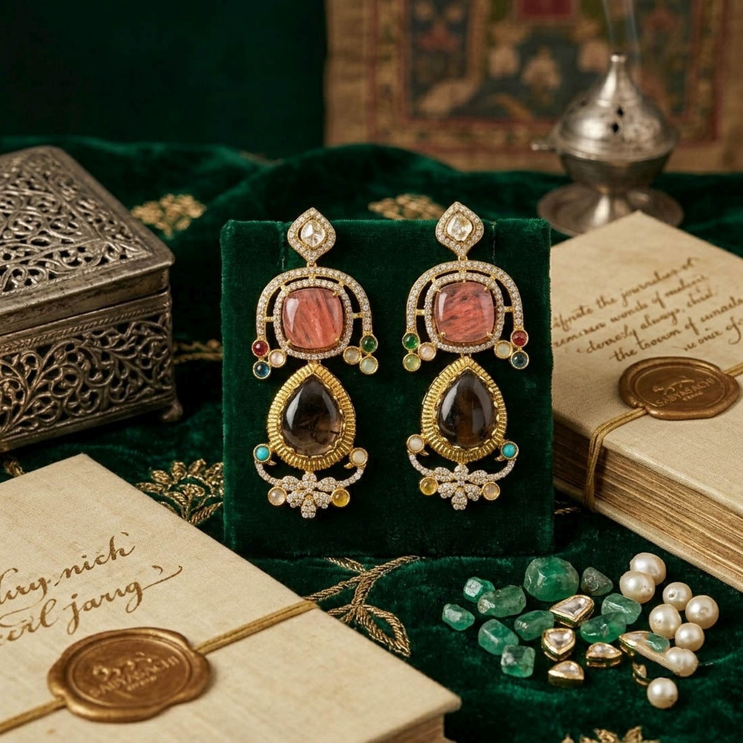 Brown Color American Diamond & Turkish Stone Earrings Featuring Premium Designer Fashion Style