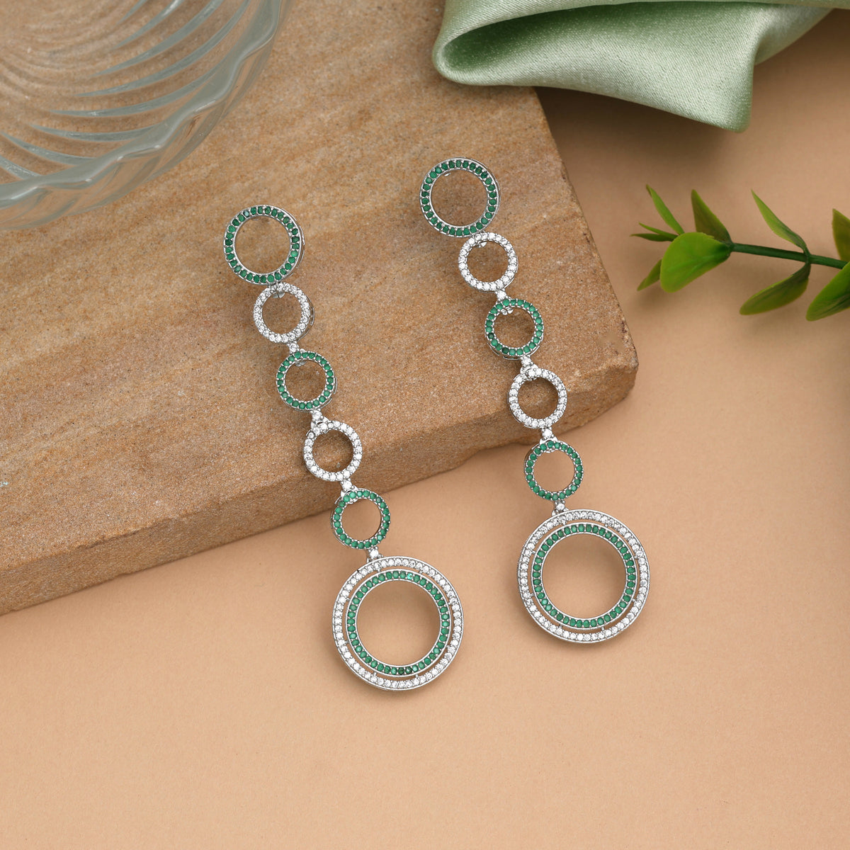 Sparkling Emerald Green Color American Diamond Earrings For Special Occasion Dresses