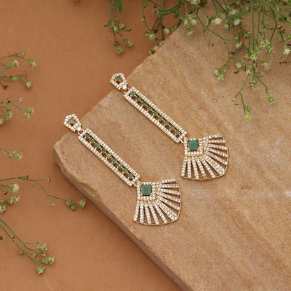 Vivid Royal Green Color American Diamond Drop Earrings For Wedding Outfits