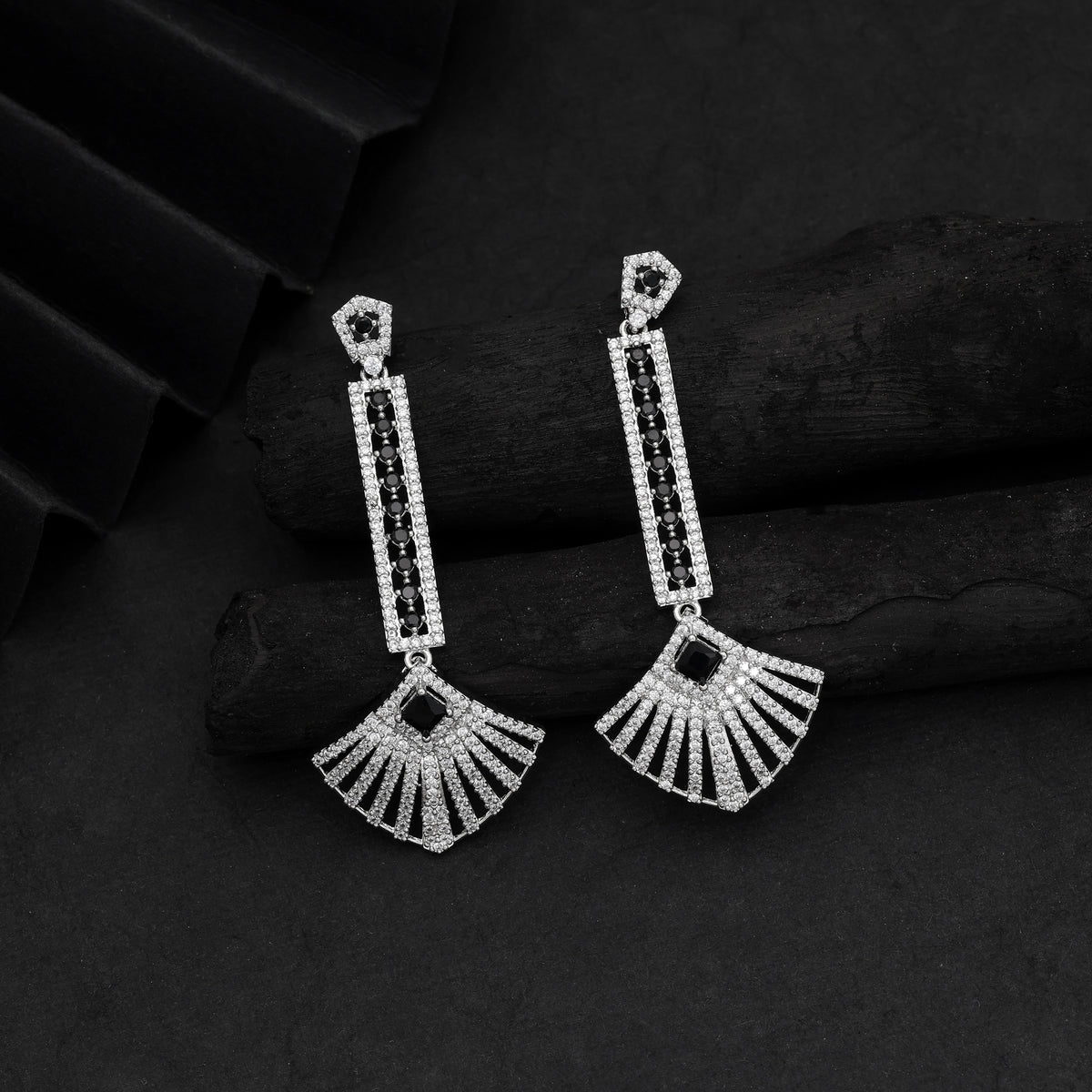 Classy Jet Black Color American Diamond Statement Earrings For Night Gatherings