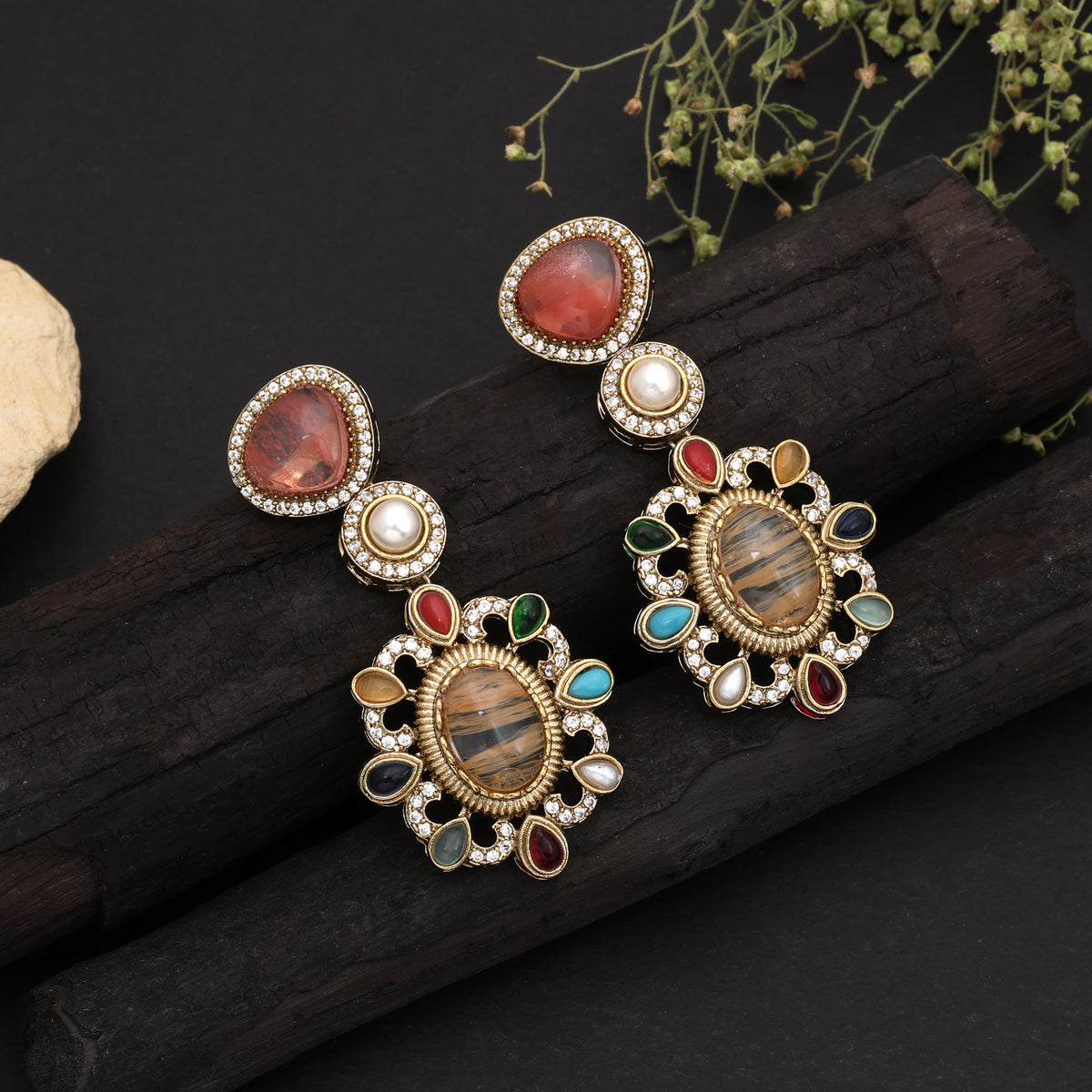 Chic Sand Brown Color American Diamond & Turkish Stone Statement Earrings For Women