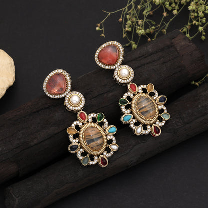 Chic Sand Brown Color American Diamond & Turkish Stone Statement Earrings For Women