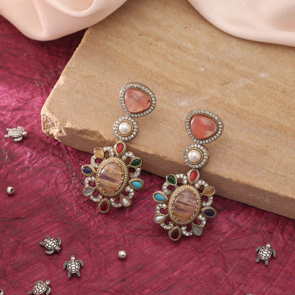 Chic Sand Brown Color American Diamond & Turkish Stone Statement Earrings For Women