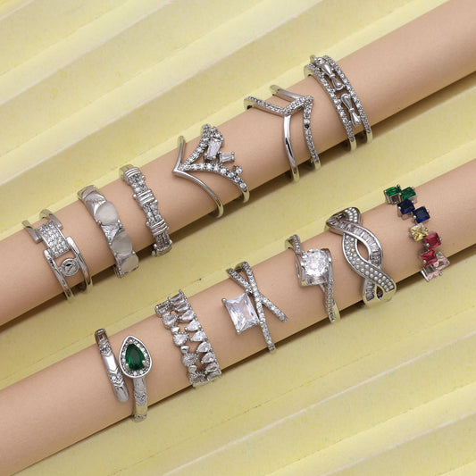 Elegant Silver Color Combo Of 12 Pieces American Diamond Rings For Daily Use