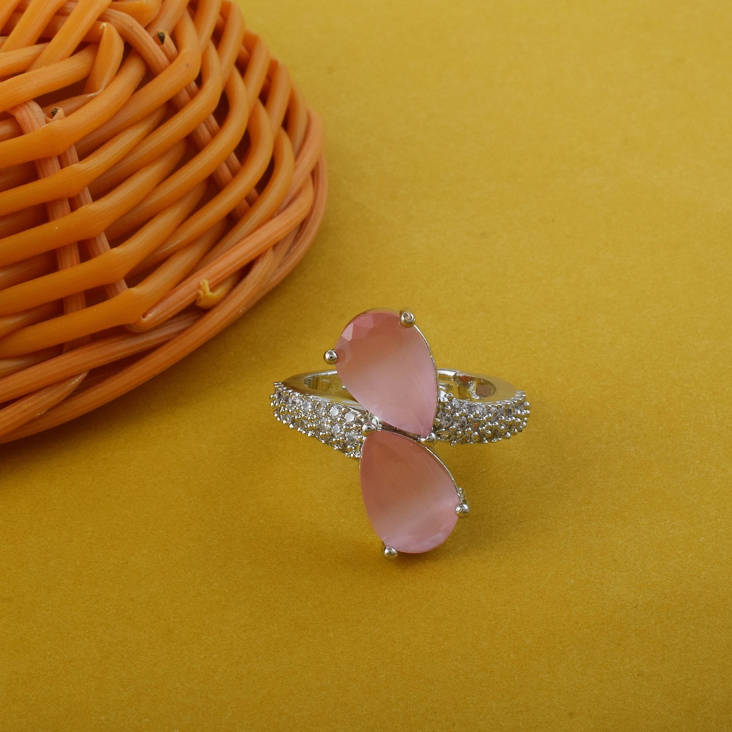 Charming Pink Color American Diamond Ring With Delicate Stone Detailing