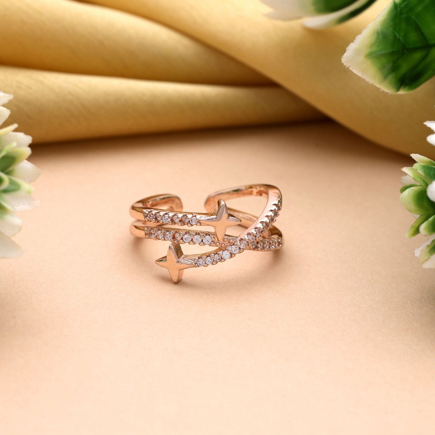 Beautiful Rose Gold Color Combo Of 12 Pieces American Diamond Rings For Party Looks