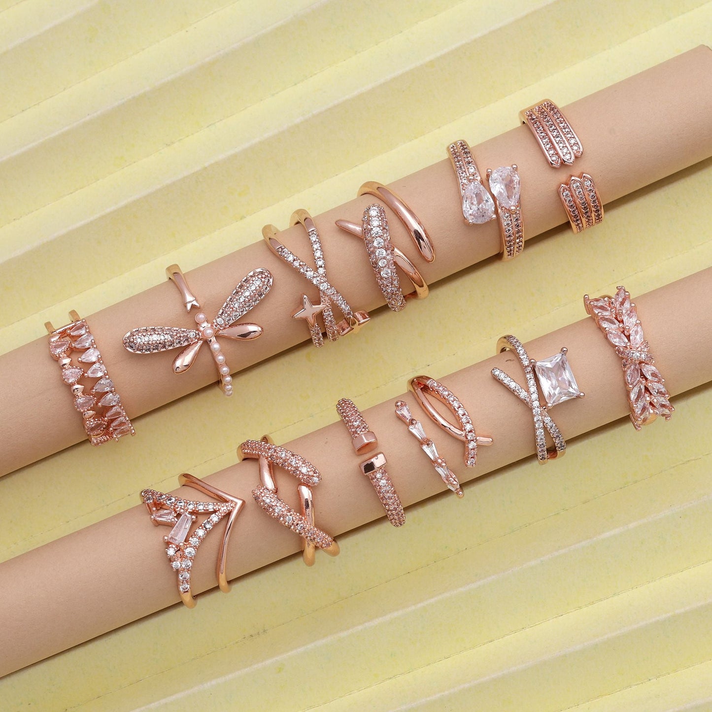 Beautiful Rose Gold Color Combo Of 12 Pieces American Diamond Rings For Party Looks