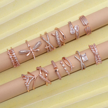 Beautiful Rose Gold Color Combo Of 12 Pieces American Diamond Rings For Party Looks