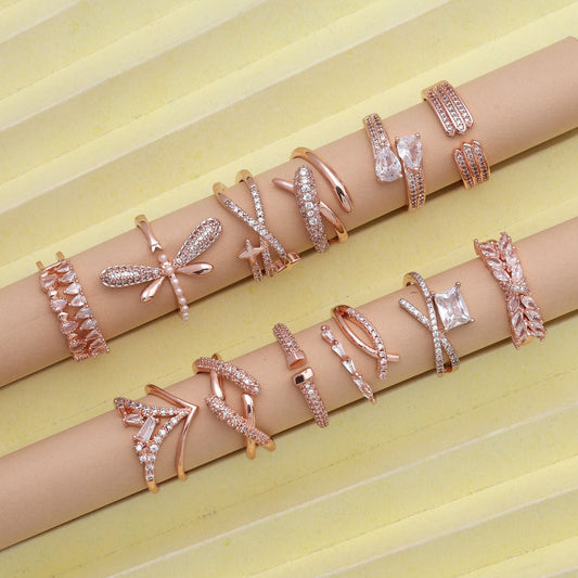 Beautiful Rose Gold Color Combo Of 12 Pieces American Diamond Rings For Party Looks