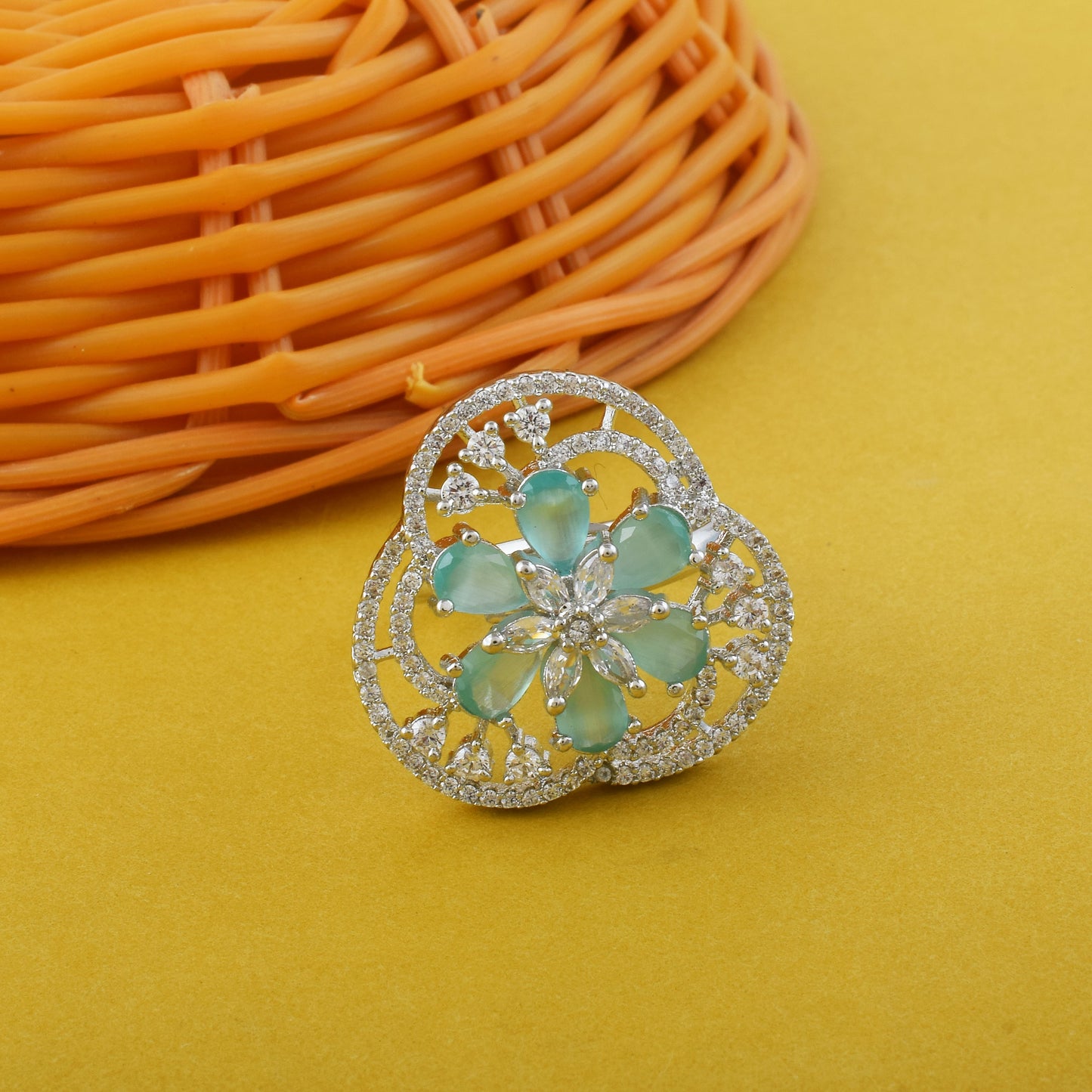 Gorgeous Rama Green Color American Diamond Ring For Radiant Outfit Match