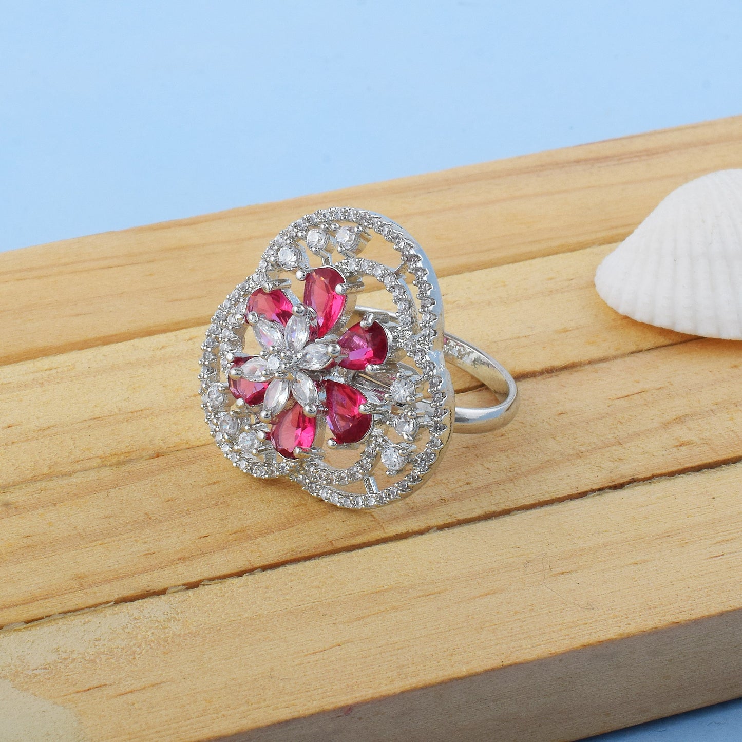 Bold Ruby Color American Diamond Ring With Classic Royal Aesthetic