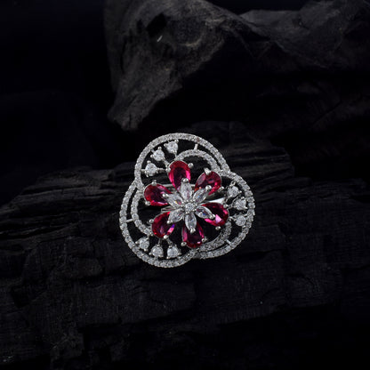 Bold Ruby Color American Diamond Ring With Classic Royal Aesthetic