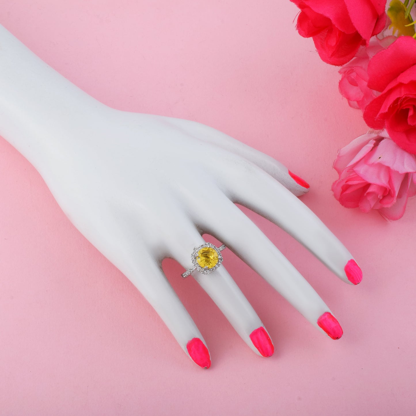 Dazzling Yellow Color American Diamond Ring With Cheerful Design Statement