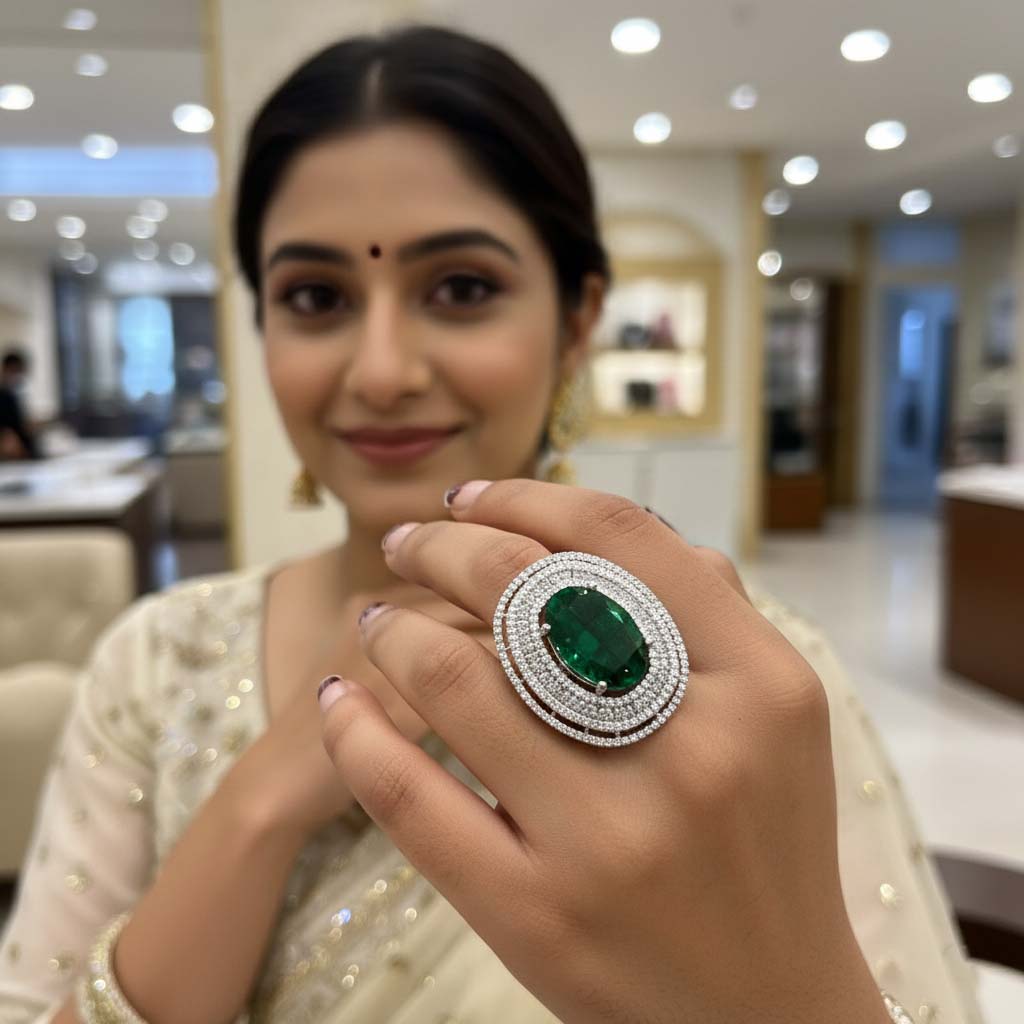 Elegant Green Color American Diamond Ring Crafted To Enhance Your Festive And Bridal Look