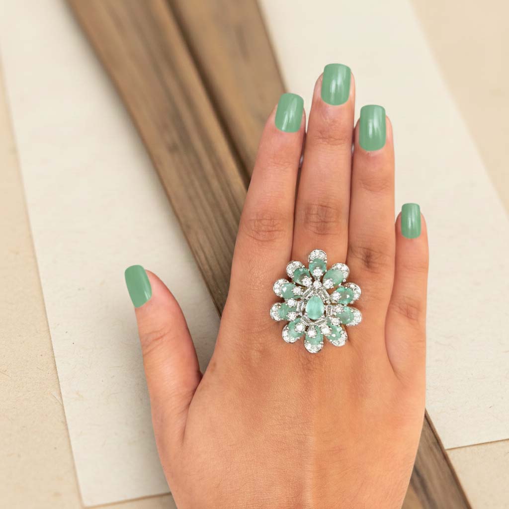 Beautiful Pista Green Color American Diamond Ring Perfect For Adding Subtle Graceful Elegance