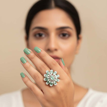 Beautiful Pista Green Color American Diamond Ring Perfect For Adding Subtle Graceful Elegance