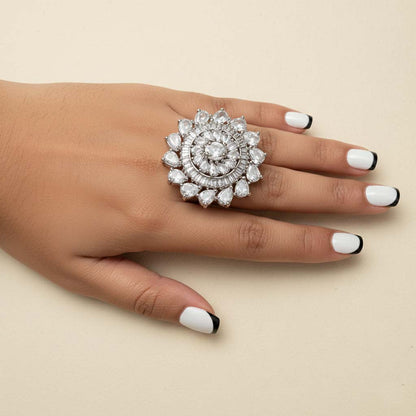 Gleaming Silver Color American Diamond Ring Offering A Sleek Modern Touch For Any Event