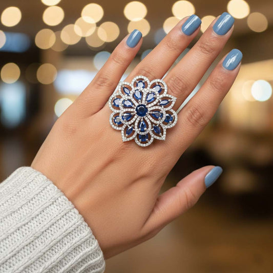 Vibrant Blue Color American Diamond Ring Made To Highlight Your Unique Festive Glamour