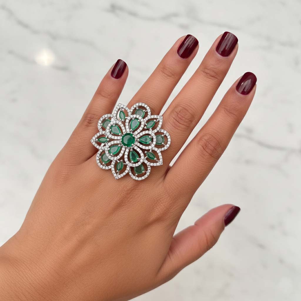 Premium Green Color American Diamond Ring Designed For Statement-Making Traditional And Modern Outfits