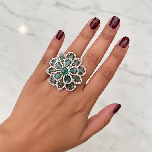 Premium Green Color American Diamond Ring Designed For Statement-Making Traditional And Modern Outfits