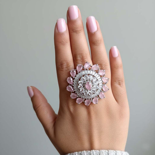 Charming Pink Color American Diamond Ring Featuring Delicate Detailing For Elegant Ethnic Fashion
