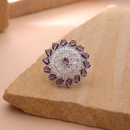 Purple Color American Diamond Ring with Stylish Designer Finish