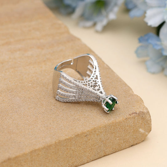 Green Color American Diamond Ring Crafted To Enhance Ethnic Outfits With Radiant Sparkle