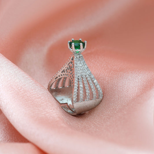 Green Color American Diamond Ring Crafted To Enhance Ethnic Outfits With Radiant Sparkle