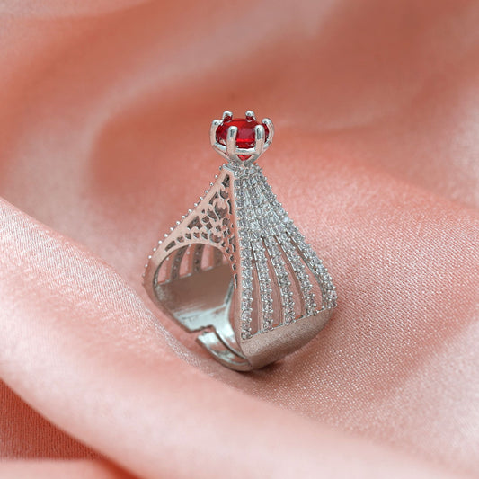 Red Color American Diamond Ring Designed For Statement Elegance During Celebrations