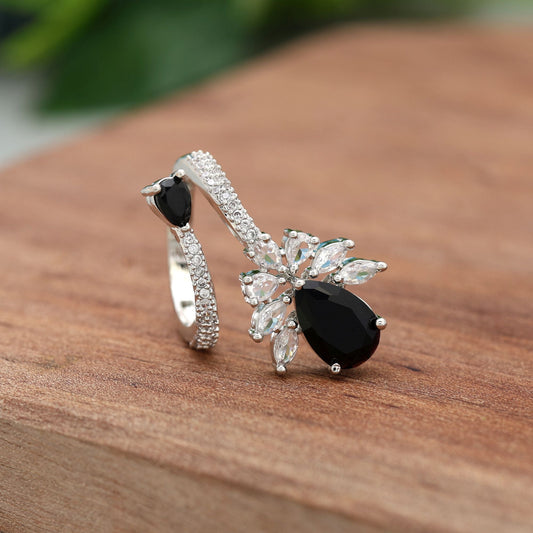 Black Color American Diamond Ring Styled For Bold Fashion Statements With Polished Finish