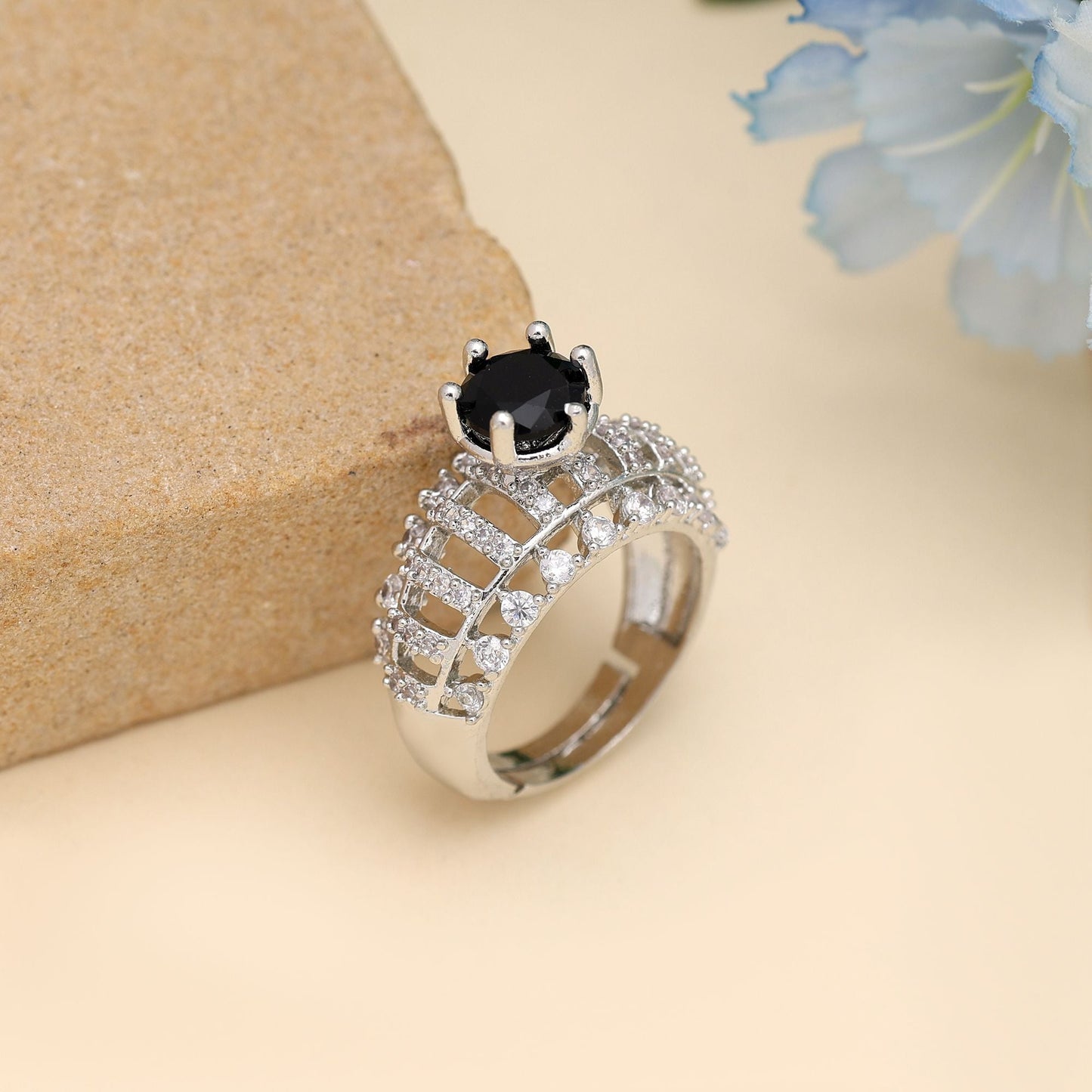 Black Color American Diamond Ring Offering Bold Contrast With Timeless Sparkle