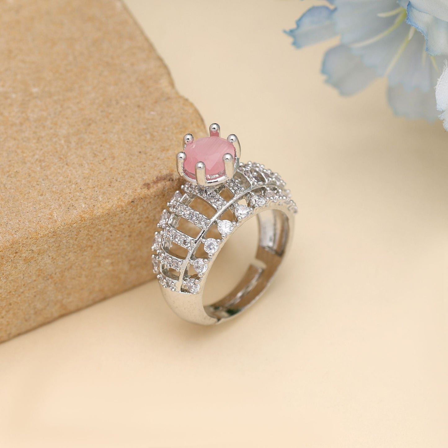 Pink Color American Diamond Ring Created For Soft Feminine Sparkle And Charm