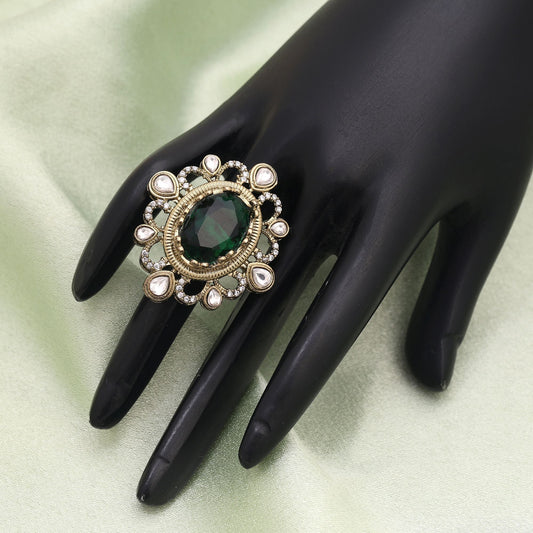 Green Color American Diamond Ring Designed For Elegant Traditional And Party Wear
