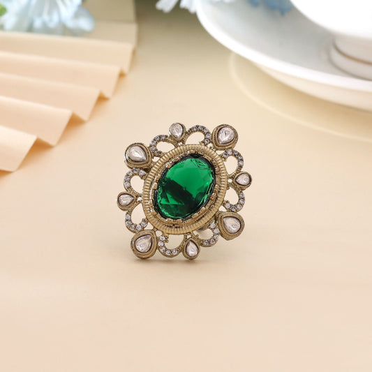 Green Color American Diamond Ring Designed For Elegant Traditional And Party Wear