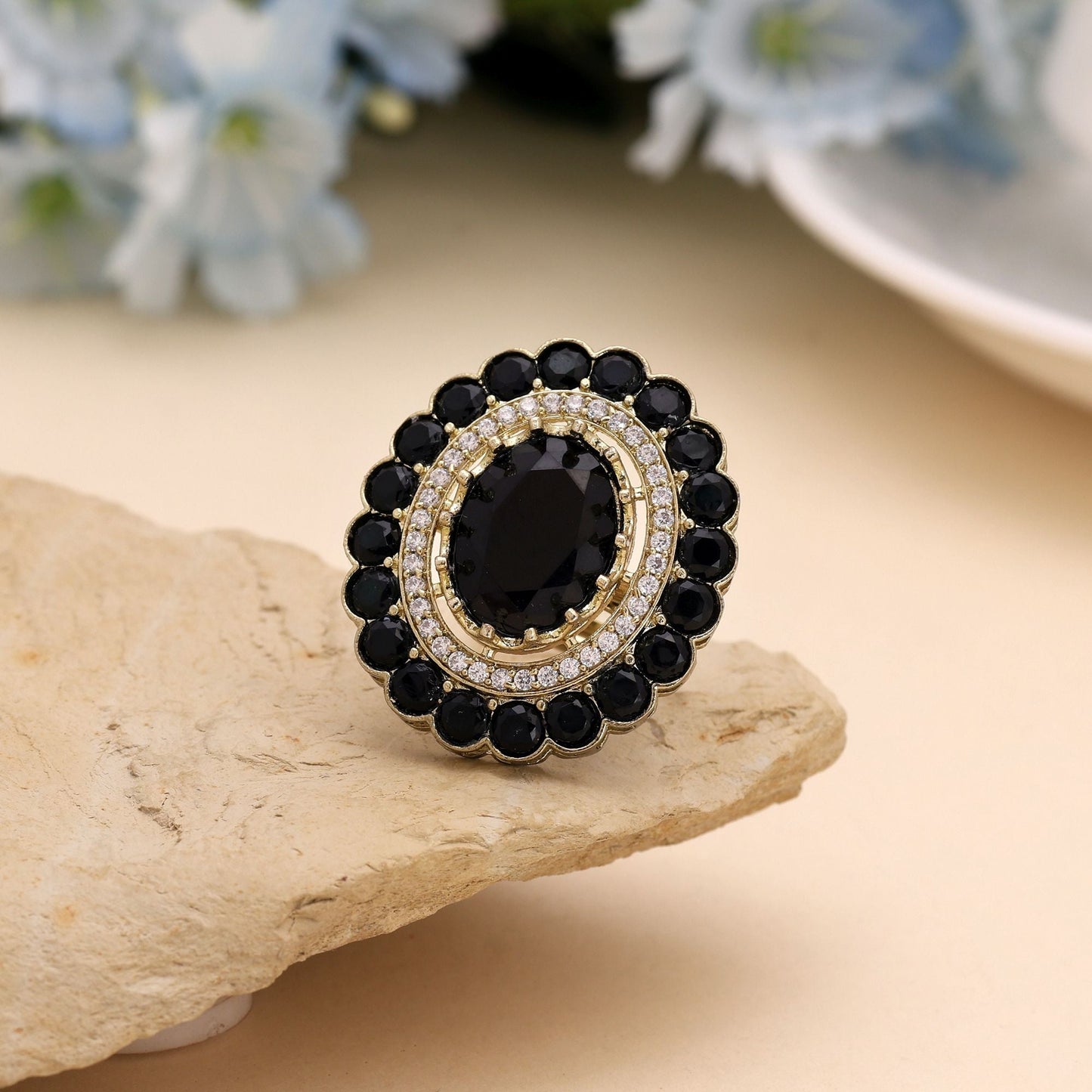 Black Color American Diamond Ring Styled For Bold Contemporary Fashion Looks