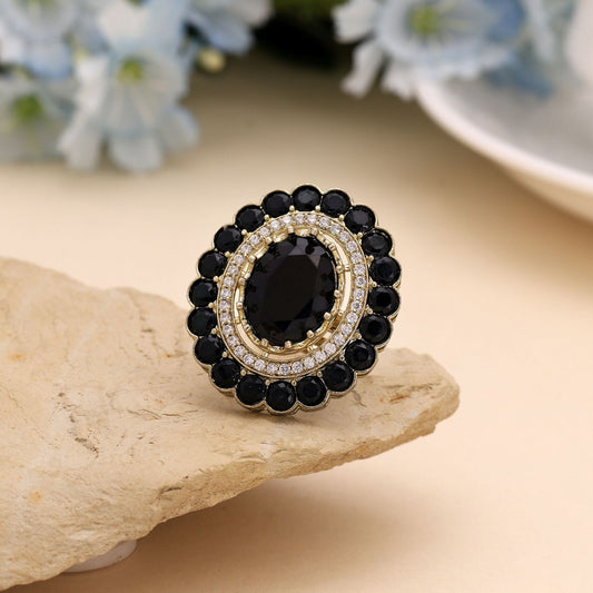 Black Color American Diamond Ring Styled For Bold Contemporary Fashion Looks