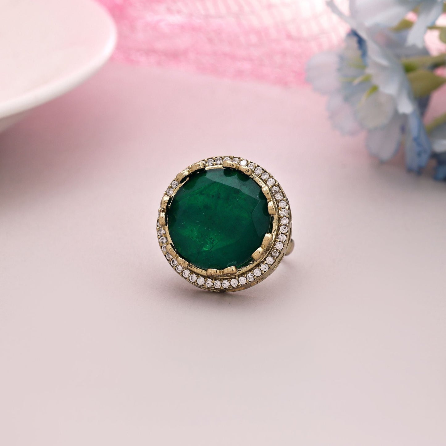 Green Color American Diamond Ring Inspired By Classic Indian Jewellery Design