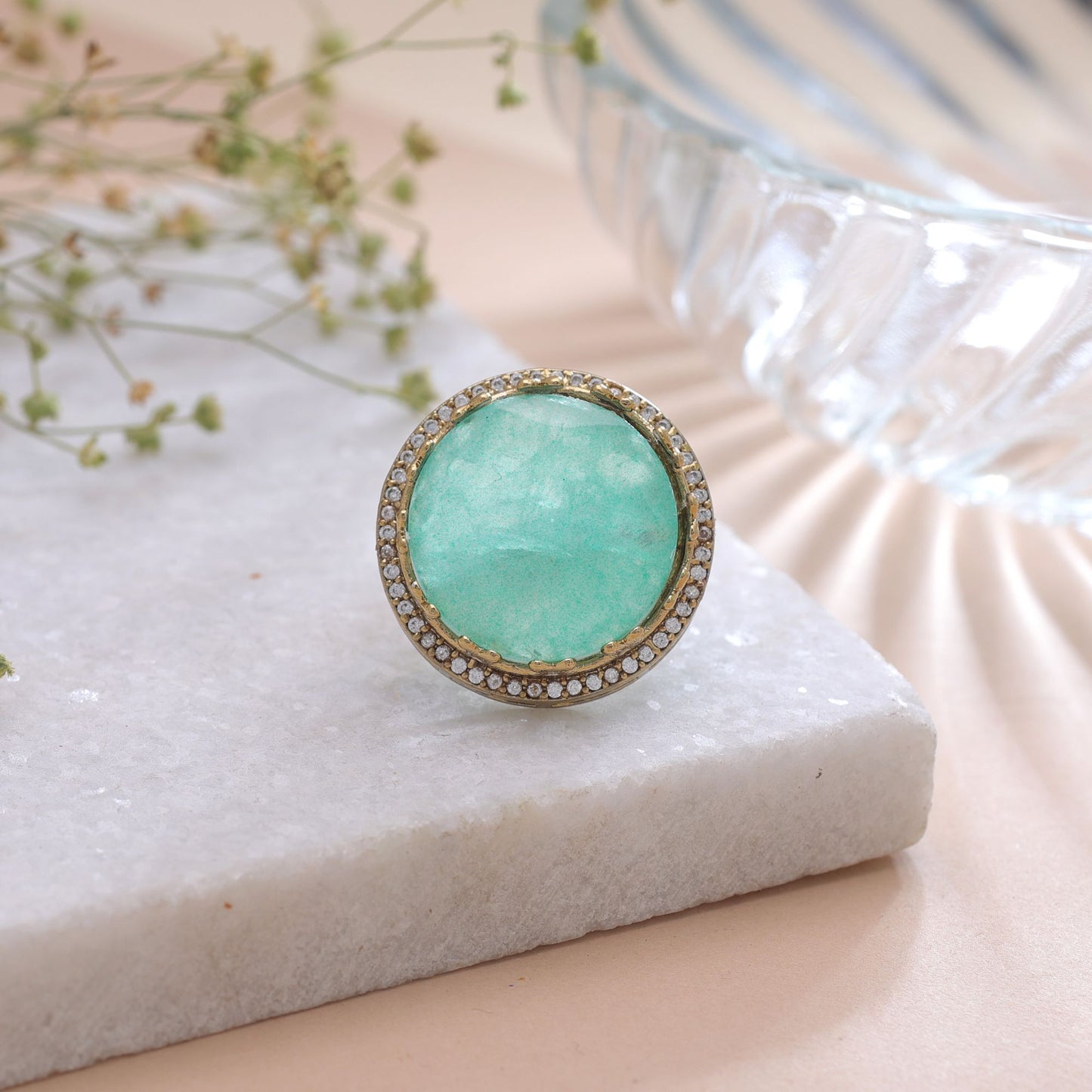 Pista Green Color American Diamond Ring with Elegant Sparkling Designer Style