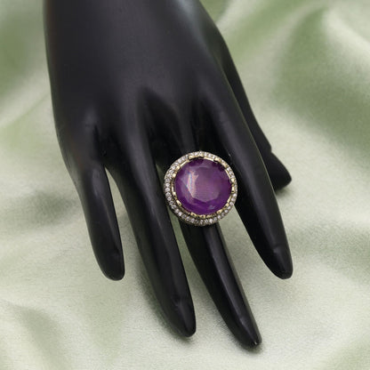 Purple Color American Diamond Ring Featuring Sparkling Finish For Party Wear