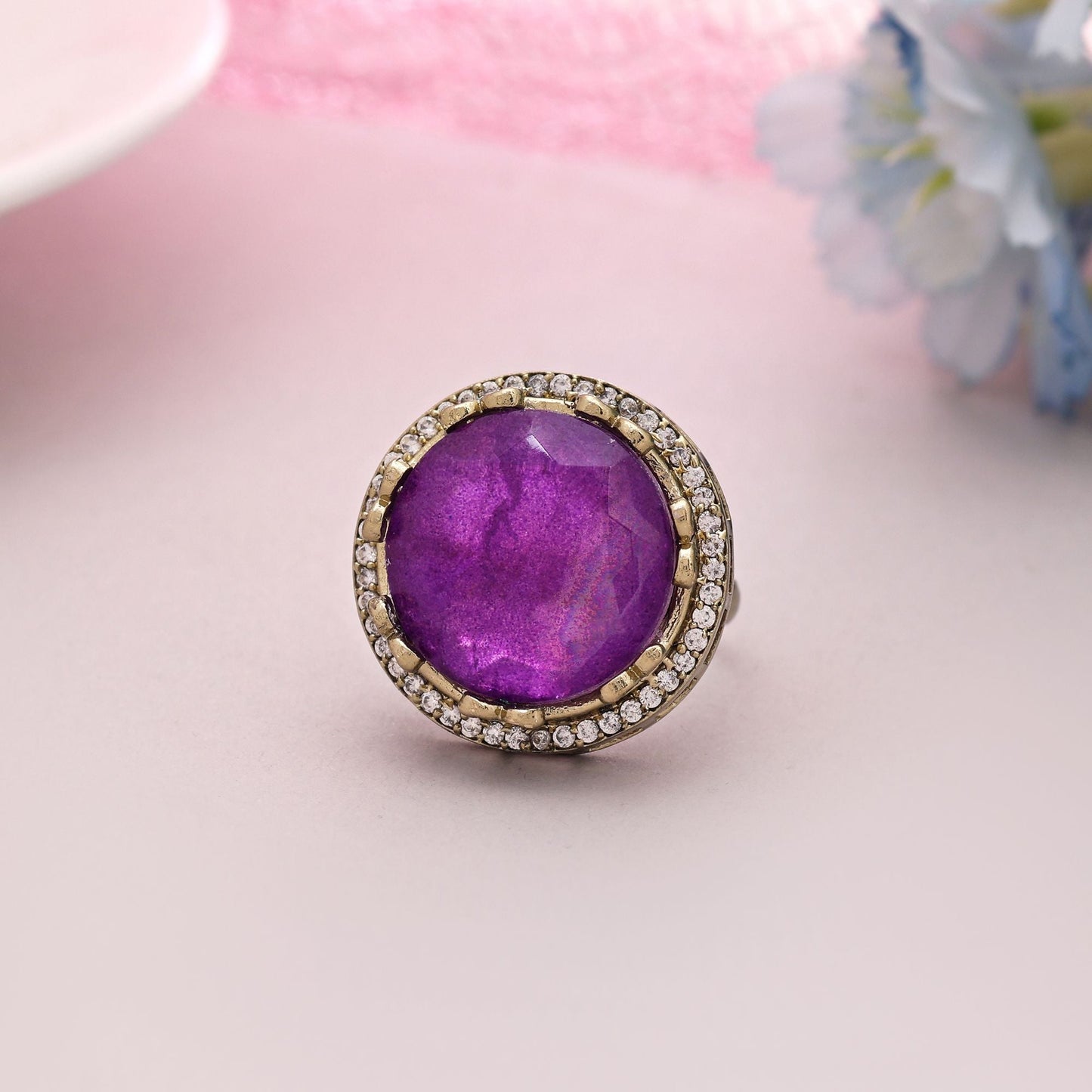 Purple Color American Diamond Ring Featuring Sparkling Finish For Party Wear