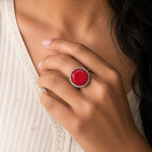 Red Color American Diamond Ring Featuring Premium Crystal Party Wear Appeal
