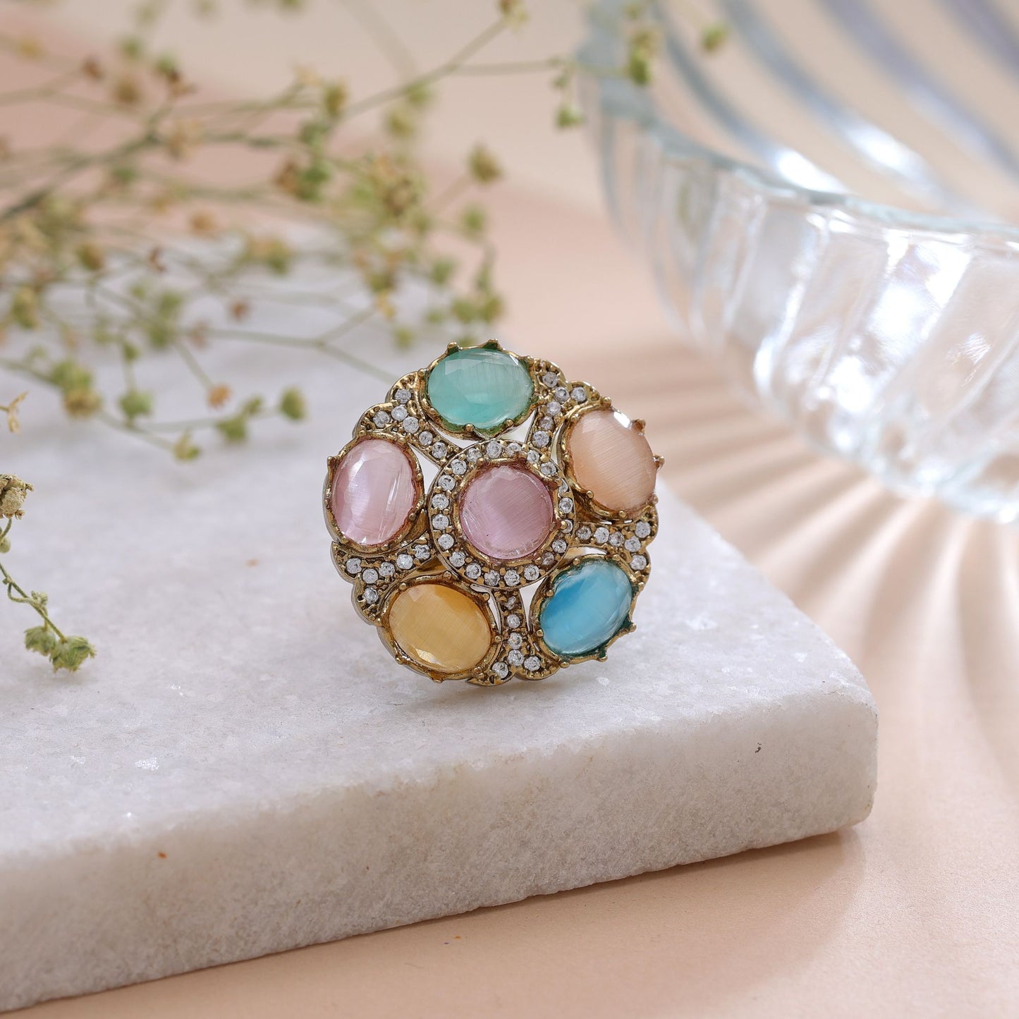 Multi Color American Diamond Ring Featuring Beautiful Elegant Fashion Design