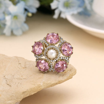 Pink Color American Diamond Ring Designed With Feminine Elegance And Charm