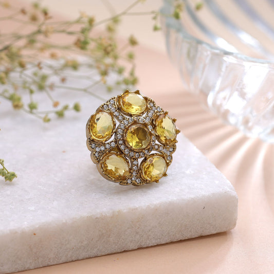 Yellow Color American Diamond Ring Featuring Stylish Crystal Fashion Appeal