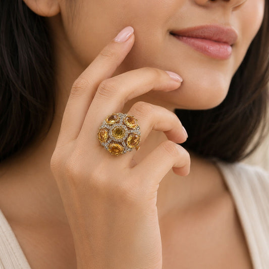 Yellow Color American Diamond Ring Featuring Stylish Crystal Fashion Appeal