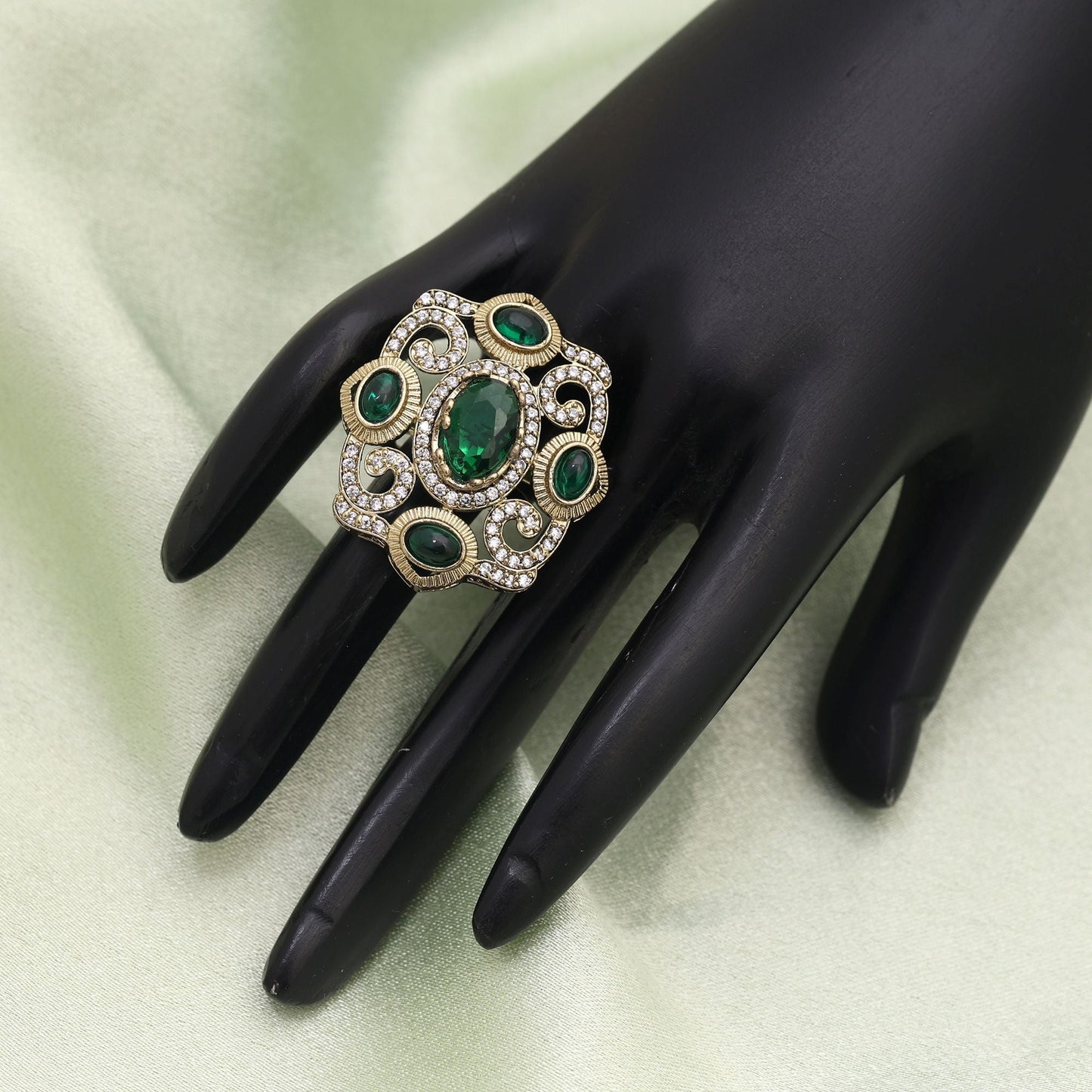 Green Color American Diamond Ring Crafted For Timeless Traditional Fashion